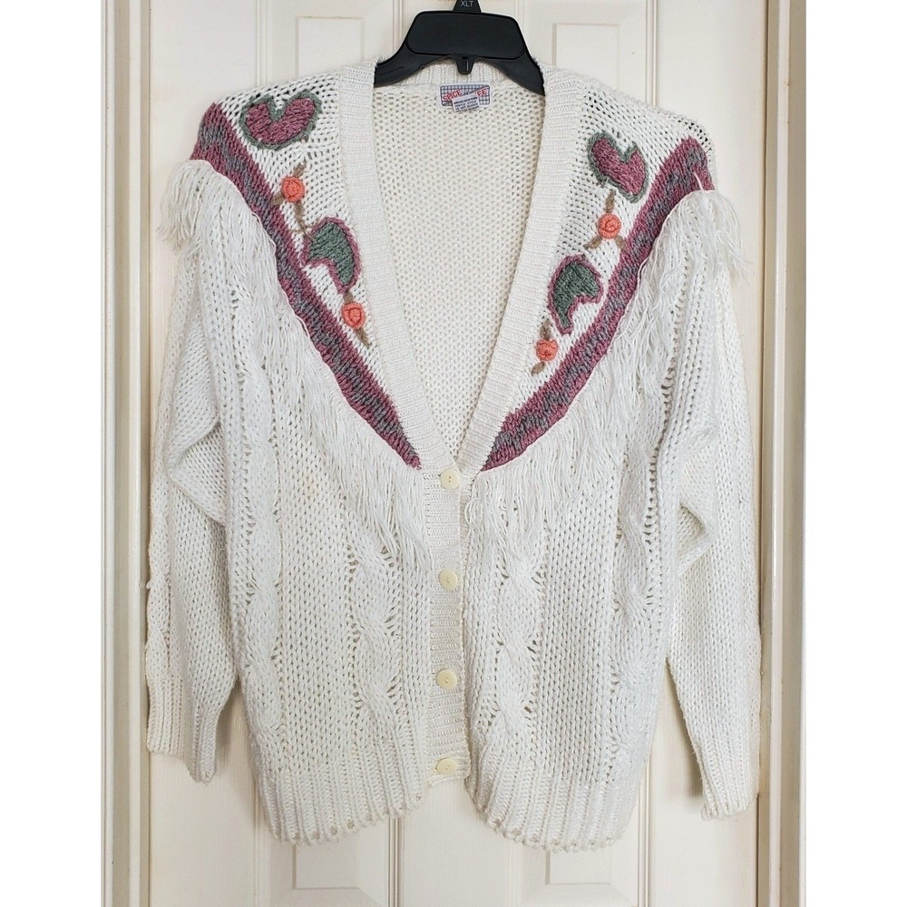Spice of Life Vintage White Fringe Floral Embroidered Knit Cardigan Sweater M